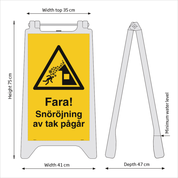 Fristående utomhusskylt Fara! Snöröjning av tak pågår - reflekterande plast 750 x 410 mm
