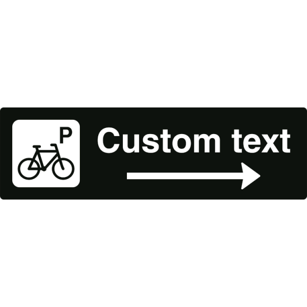 Cykelparkeringsskylt – svart hänvisningsskylt med höger pil och valfri text, 150 x 500 mm, 3 mm alu-sandwich