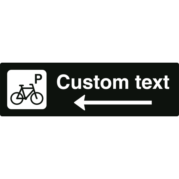 Cykelparkeringsskylt – svart hänvisningsskylt med vänsterpil och valfri text, 150 x 500 mm 3 mm alu-sandwich