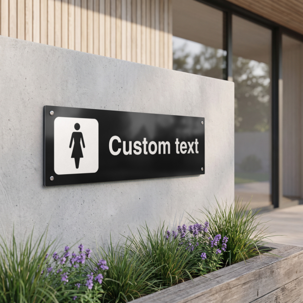 Kvinno-WC-skylt – svart hänvisningsskylt utan pil och valfri text, 150 x 500 mm 3 mm alu-sandwich