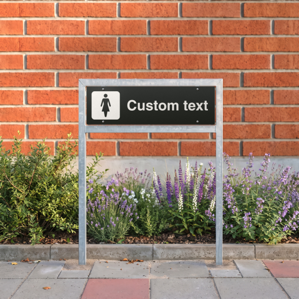 Kvinno-WC-skylt – svart hänvisningsskylt utan pil och valfri text, 150 x 500 mm 3 mm alu-sandwich