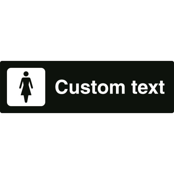 Kvinno-WC-skylt – svart hänvisningsskylt utan pil och valfri text, 150 x 500 mm 3 mm alu-sandwich