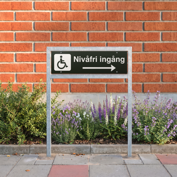 Nivåfri ingång - svart hänvisningsskylt med högerpil, 150 x 500 mm 3 mm alu-sandwich
