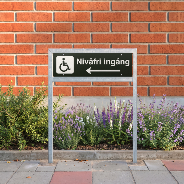 Nivåfri ingång - svart hänvisningsskylt med vänsterpil, 150 x 500 mm 3 mm alu-sandwich