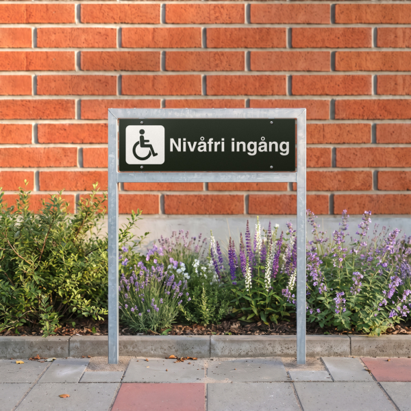 Nivåfri ingång - svart hänvisningsskylt utan pil, 150 x 500 mm 3 mm alu-sandwich