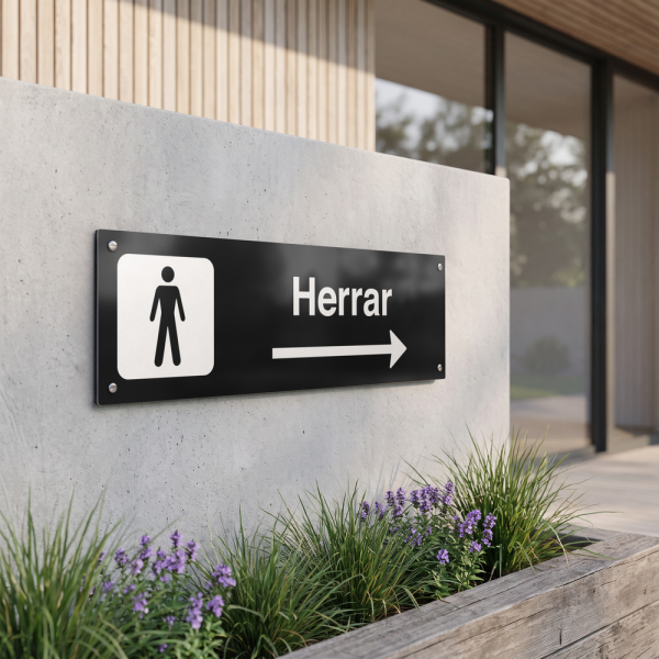 Herrar - svart hänvisningsskylt med högerpil, 150 x 500 mm 3 mm alu-sandwich