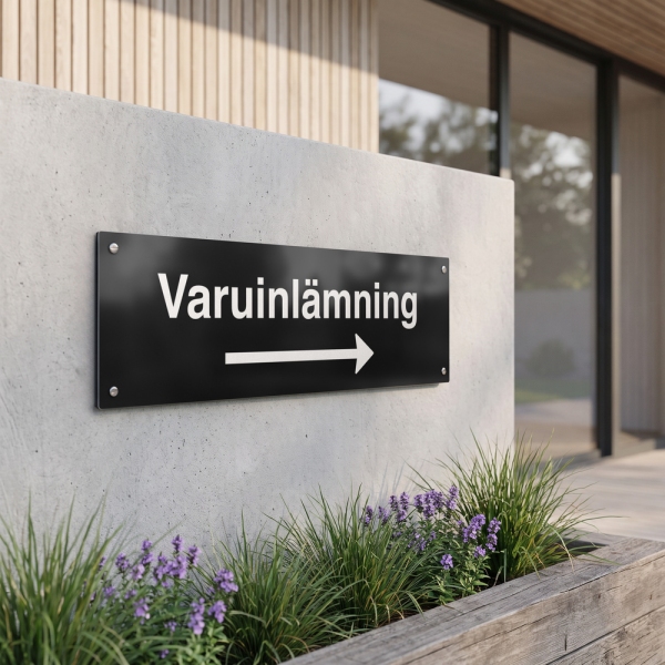 Varuinlämning - svart hänvisningsskylt med högerpil, 150 x 500 mm 3 mm alu-sandwich