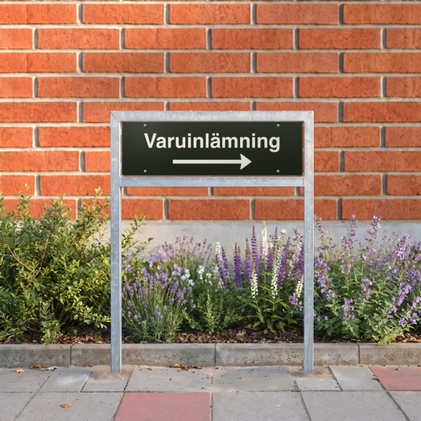 Varuinlämning - svart hänvisningsskylt med högerpil, 150 x 500 mm 3 mm alu-sandwich