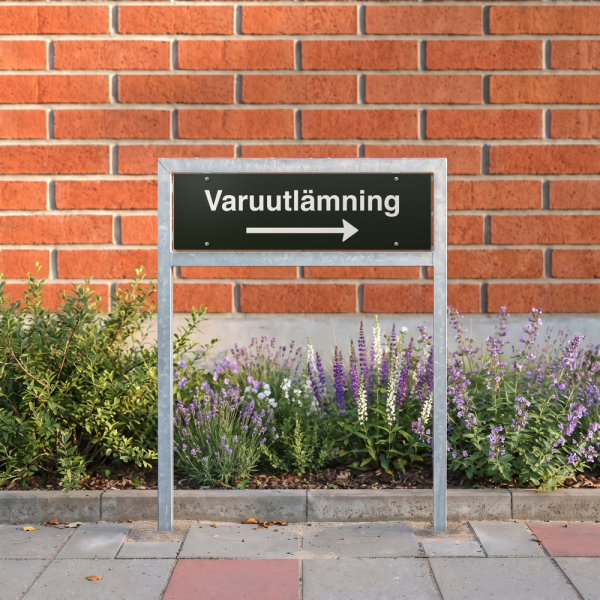 Varuutlämning - svart hänvisningsskylt med högerpil, 150 x 500 mm 3 mm alu-sandwich