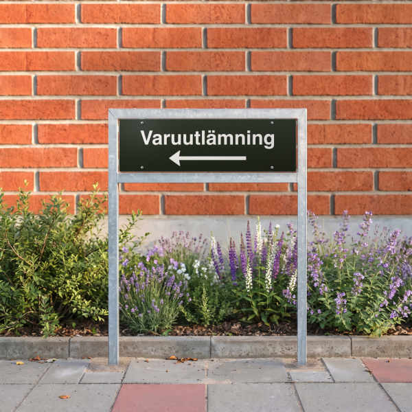 Varuutlämning - svart hänvisningsskylt med vänsterpil, 150 x 500 mm 3 mm alu-sandwich