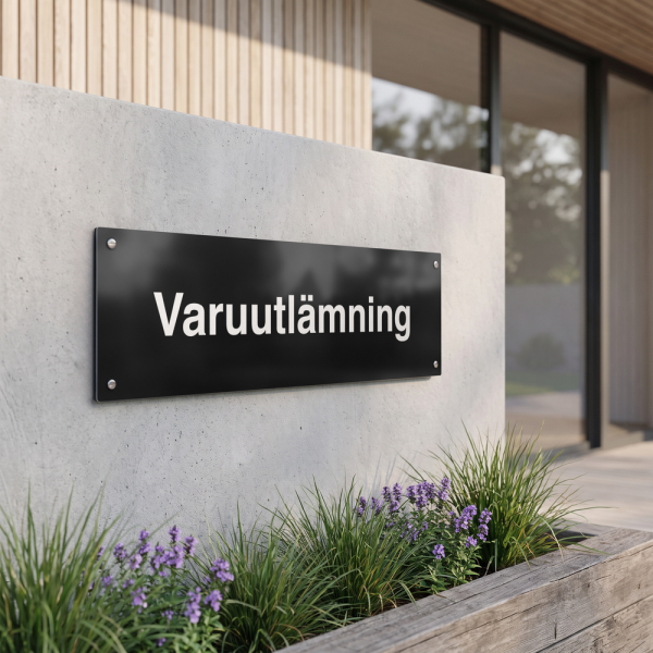 Varuutlämning - svart hänvisningsskylt utan pil, 150 x 500 mm 3 mm alu-sandwich