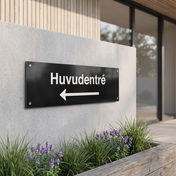 Huvudentré - svart hänvisningsskylt med vänsterpil, 150 x 500 mm 3 mm alu-sandwich