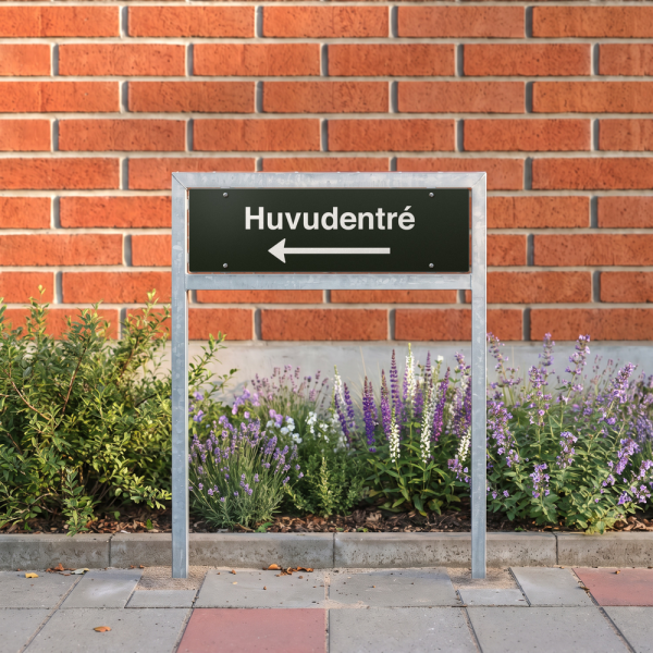 Huvudentré - svart hänvisningsskylt med vänsterpil, 150 x 500 mm 3 mm alu-sandwich