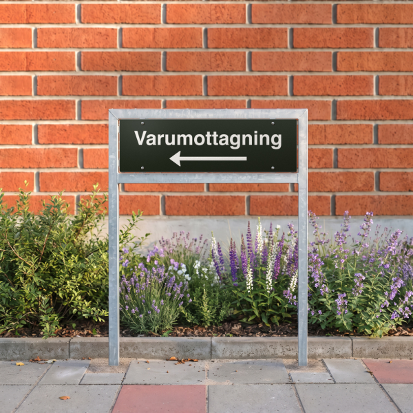 Varumottagning - svart hänvisningsskylt med vänsterpil, 150 x 500 mm 3 mm alu-sandwich