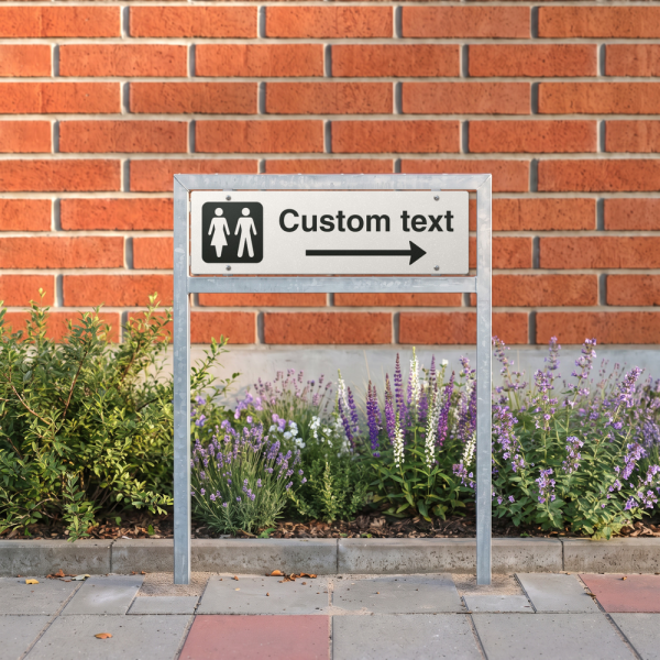 WC-skylt – vit hänvisningsskylt med pil åt höger och valfri text, 150 x 500 mm 3 mm alu-sandwich