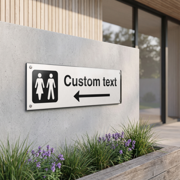 WC-skylt – vit hänvisningsskylt med vänster pil och valfri text, 150 x 500 mm 3 mm alu-sandwich