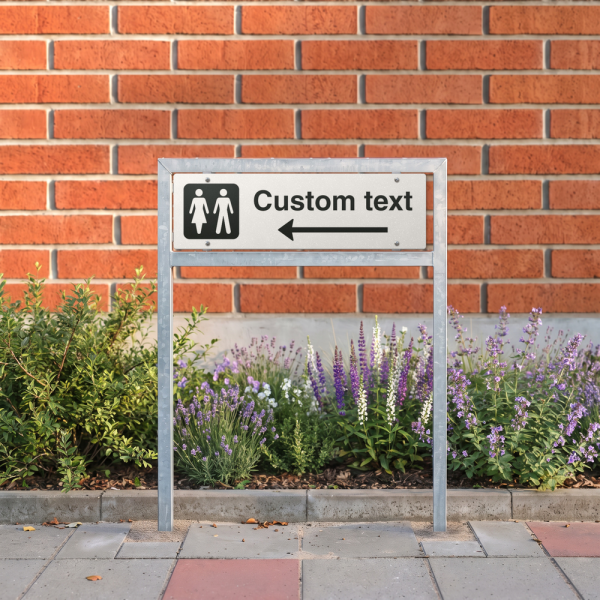 WC-skylt – vit hänvisningsskylt med vänster pil och valfri text, 150 x 500 mm 3 mm alu-sandwich