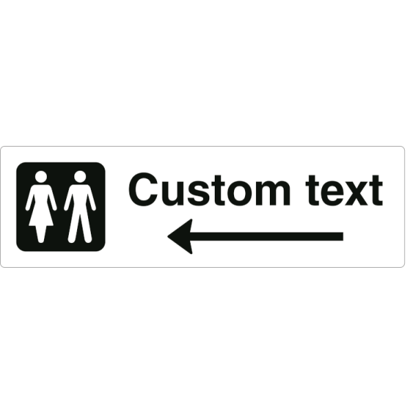 WC-skylt – vit hänvisningsskylt med vänster pil och valfri text, 150 x 500 mm 3 mm alu-sandwich