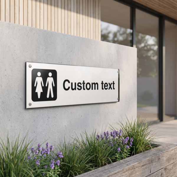 WC-skylt – vit hänvisningsskylt utan pil och valfri text, 150 x 500 mm 3 mm alu-sandwich