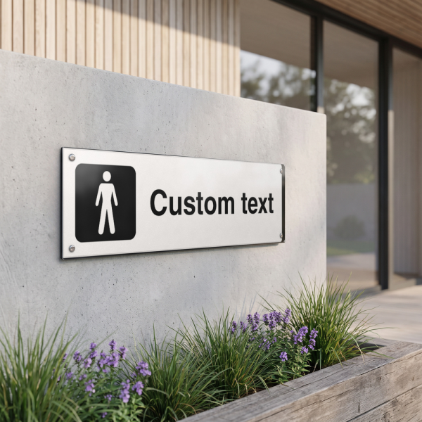 Herr-WC-skylt – vit hänvisningsskylt utan pil och valfri text, 150 x 500 mm 3 mm alu-sandwich