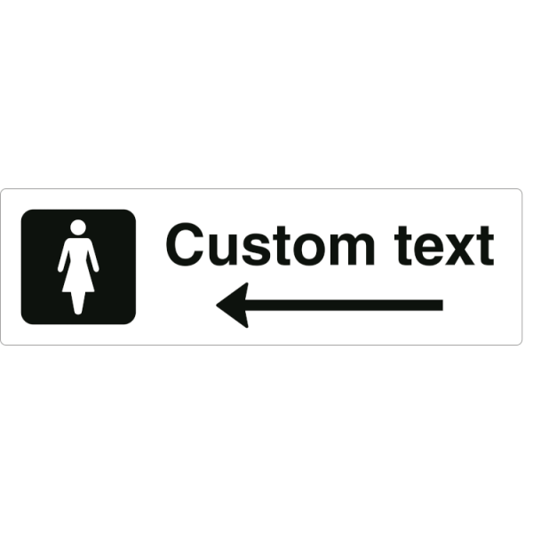Dam-WC-skylt – vit hänvisningsskylt med vänsterpil och valfri text, 150 x 500 mm 3 mm alu-sandwich