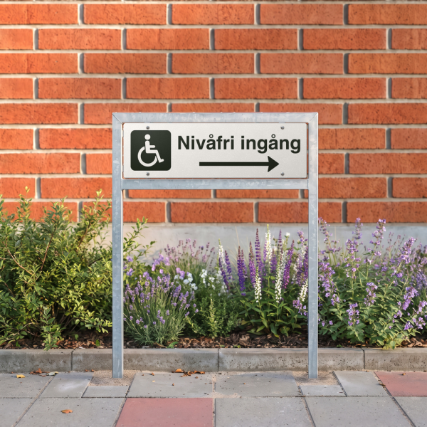 Nivåfri ingång - vit hänvisningsskylt med högerpil, 150 x 500 mm 3 mm alu-sandwich