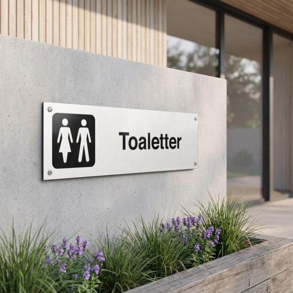 Toaletter - vit hänvisningsskylt utan pil, 150 x 500 mm 3 mm alu-sandwich