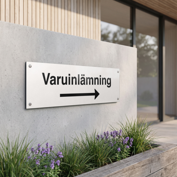 Varuinlämning - vit hänvisningsskylt med högerpil, 150 x 500 mm 3 mm alu-sandwich
