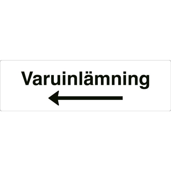 Varuinlämning - vit hänvisningsskylt med vänsterpil, 150 x 500 mm 3 mm alu-sandwich
