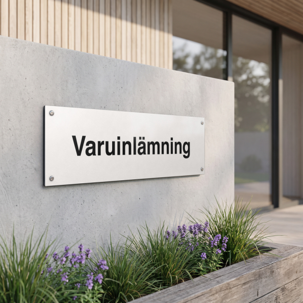 Varuinlämning - vit hänvisningsskylt utan pil, 150 x 500 mm 3 mm alu-sandwich