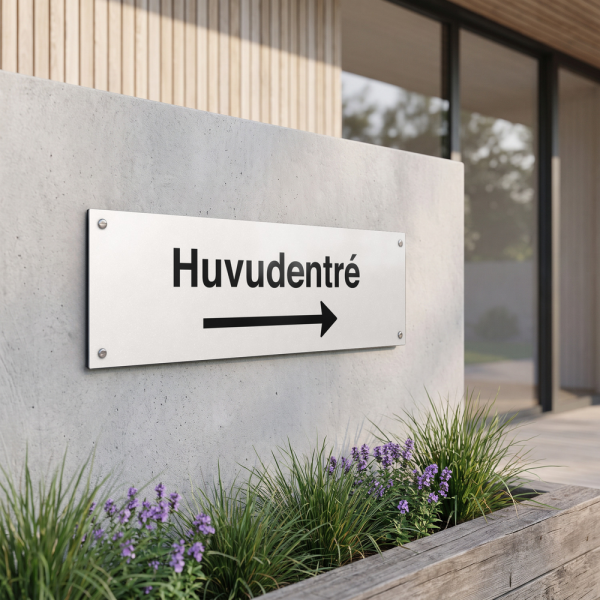 Huvudentré - vit hänvisningsskylt med högerpil, 150 x 500 mm 3 mm alu-sandwich