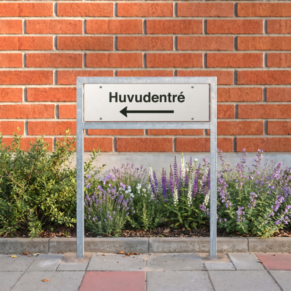 Huvudentré - vit hänvisningsskylt med vänsterpil, 150 x 500 mm 3 mm alu-sandwich