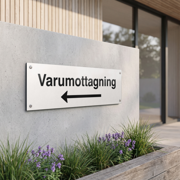 Varumottagning - vit hänvisningsskylt med vänsterpil, 150 x 500 mm 3 mm alu-sandwich