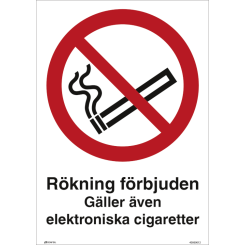 Rökning förbjuden Gäller även elektroniska cigaretter förbudsskylt - ISO 7010
