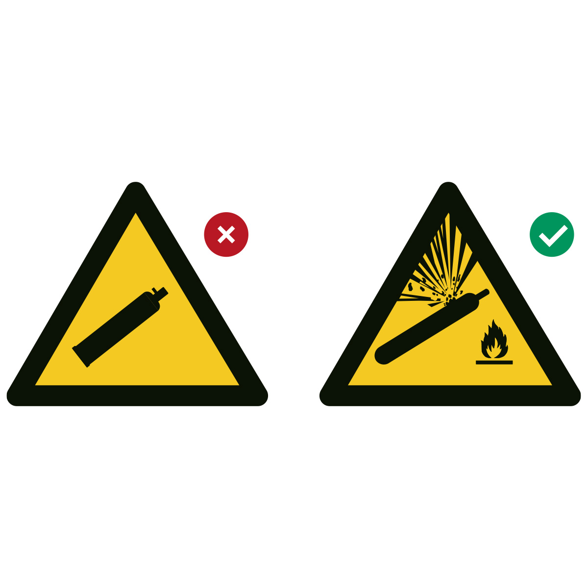 J&auml;mf&ouml;relse mellan felaktig och korrekt ISO 7010-varningsskylt f&ouml;r gasflaskor med explosionsrisk och brandfara, JO Safety