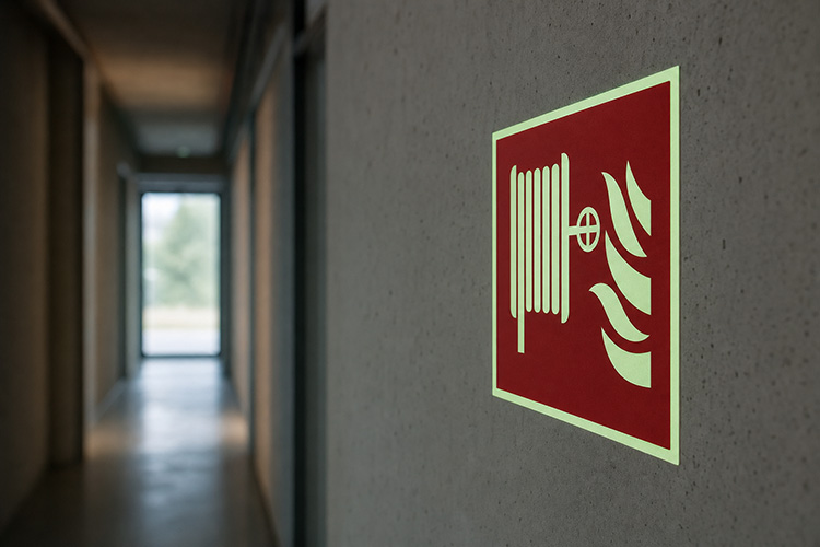 Efterlysande brandskylt med brandslangspiktogram som lyser i en mörklagd korridor
